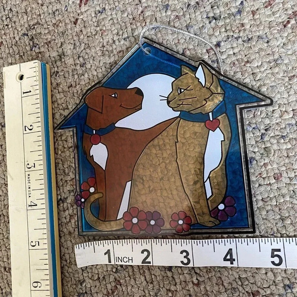 Stain Glass Plastic Cat Dog House 5 inch Christmas Window Ornament Brown Blue - Picture 4 of 4